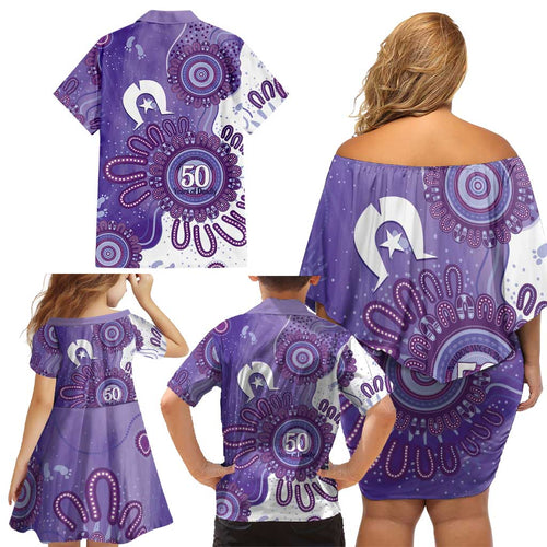 NAIDOC Week 2026 Family Matching Off Shoulder Short Dress and Hawaiian Shirt 50 Years Deadly Dhari Purple Aboriginal Art