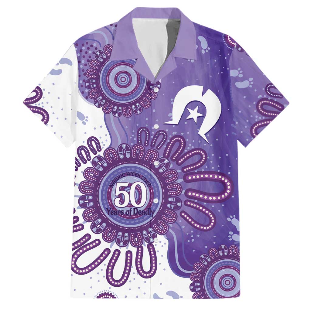 NAIDOC Week 2026 Family Matching Off Shoulder Short Dress and Hawaiian Shirt 50 Years Deadly Dhari Purple Aboriginal Art