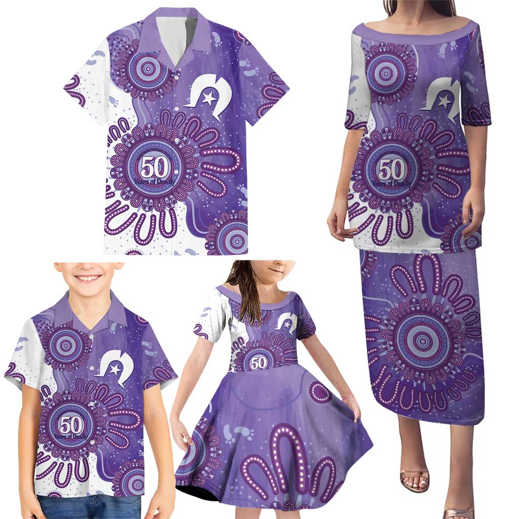 NAIDOC Week 2026 Family Matching Puletasi and Hawaiian Shirt 50 Years Deadly Dhari Purple Aboriginal Art