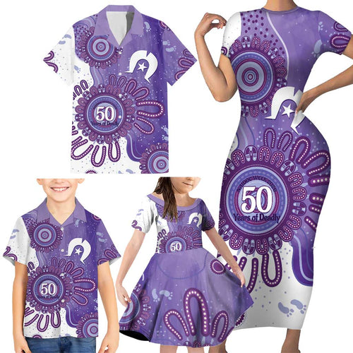 NAIDOC Week 2026 Family Matching Short Sleeve Bodycon Dress and Hawaiian Shirt 50 Years Deadly Dhari Purple Aboriginal Art