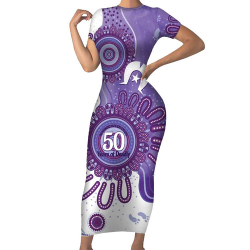 NAIDOC Week 2026 Family Matching Short Sleeve Bodycon Dress and Hawaiian Shirt 50 Years Deadly Dhari Purple Aboriginal Art