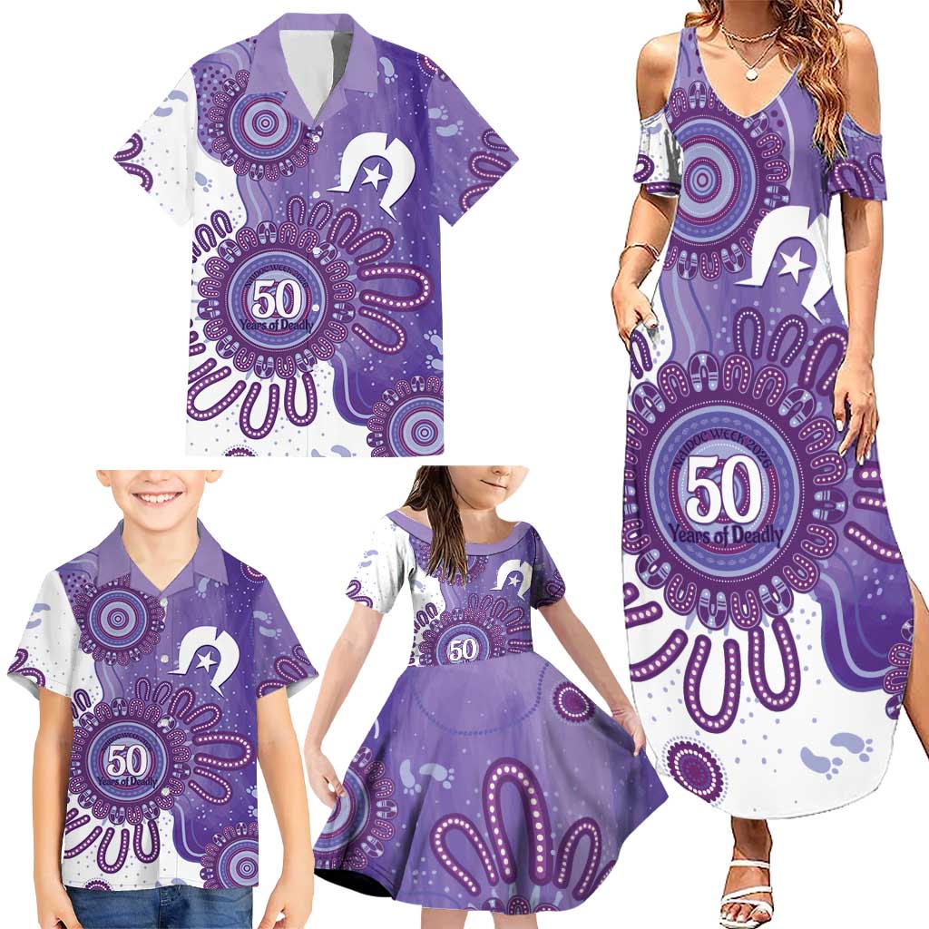 NAIDOC Week 2026 Family Matching Summer Maxi Dress and Hawaiian Shirt 50 Years Deadly Dhari Purple Aboriginal Art