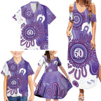 NAIDOC Week 2026 Family Matching Summer Maxi Dress and Hawaiian Shirt 50 Years Deadly Dhari Purple Aboriginal Art