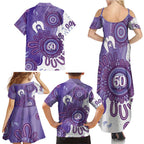 NAIDOC Week 2026 Family Matching Summer Maxi Dress and Hawaiian Shirt 50 Years Deadly Dhari Purple Aboriginal Art