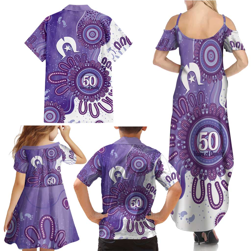 NAIDOC Week 2026 Family Matching Summer Maxi Dress and Hawaiian Shirt 50 Years Deadly Dhari Purple Aboriginal Art