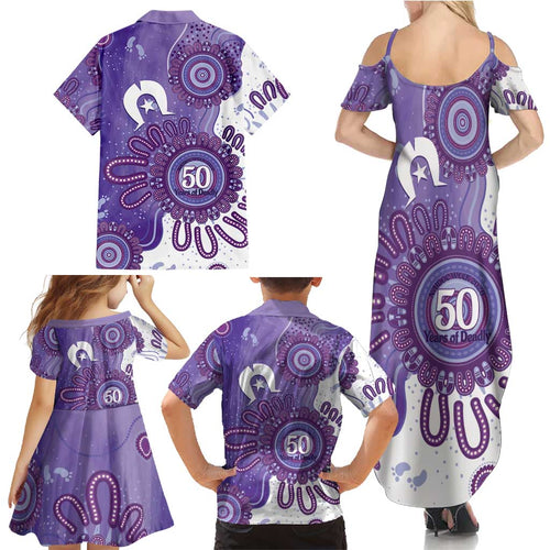 NAIDOC Week 2026 Family Matching Summer Maxi Dress and Hawaiian Shirt 50 Years Deadly Dhari Purple Aboriginal Art