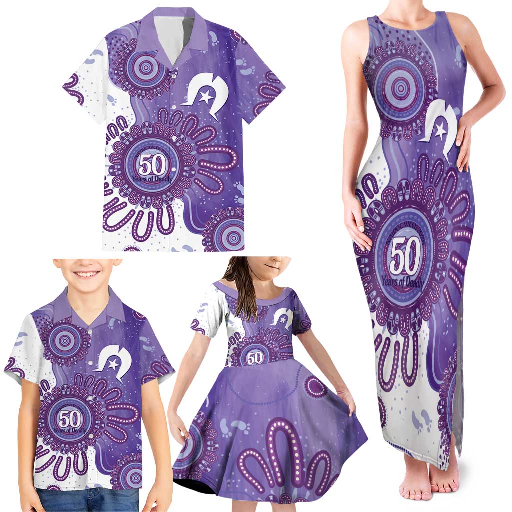 NAIDOC Week 2026 Family Matching Tank Maxi Dress and Hawaiian Shirt 50 Years Deadly Dhari Purple Aboriginal Art