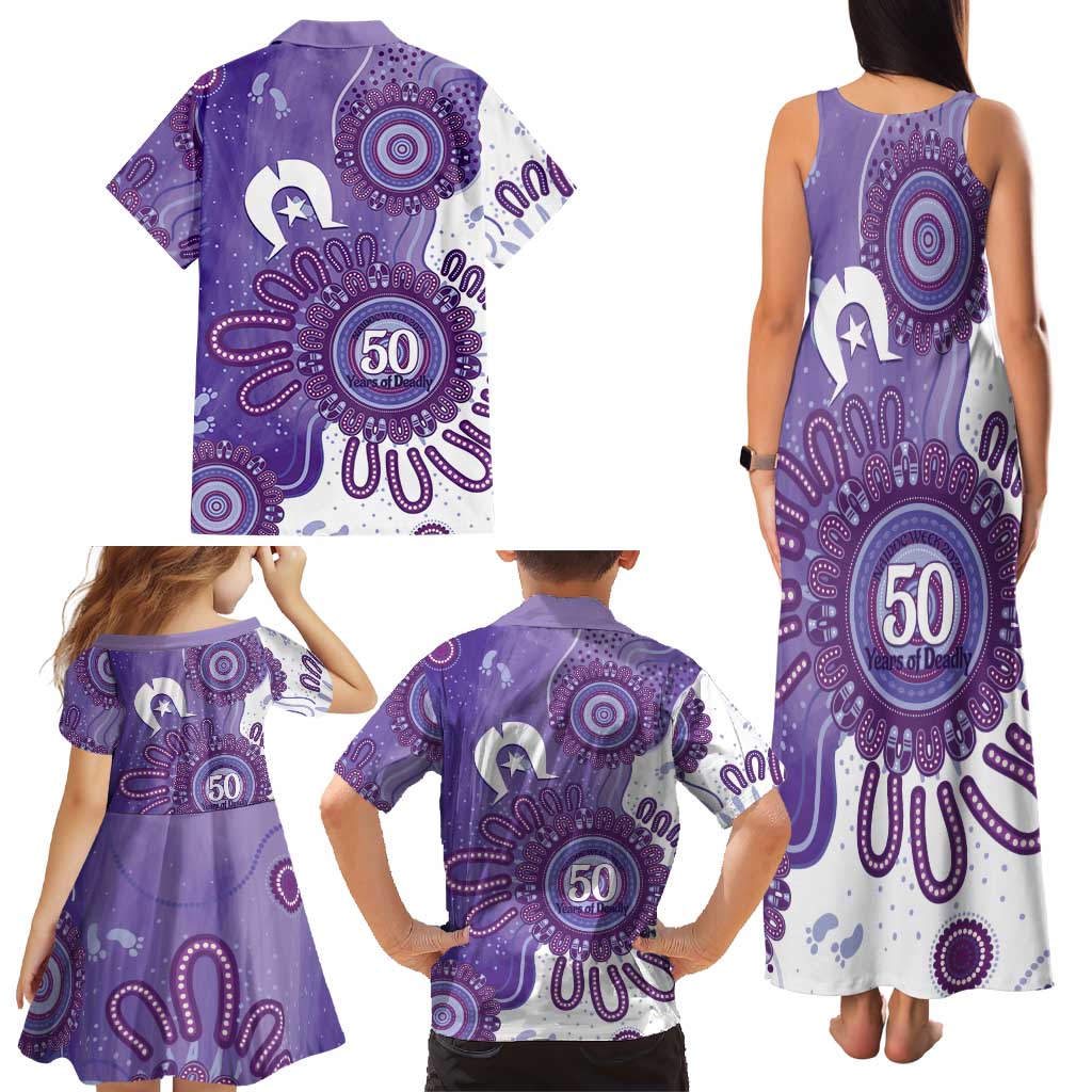 NAIDOC Week 2026 Family Matching Tank Maxi Dress and Hawaiian Shirt 50 Years Deadly Dhari Purple Aboriginal Art