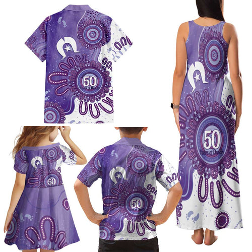 NAIDOC Week 2026 Family Matching Tank Maxi Dress and Hawaiian Shirt 50 Years Deadly Dhari Purple Aboriginal Art
