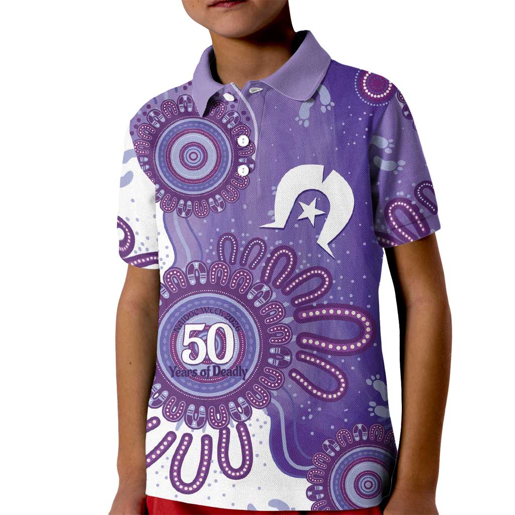 NAIDOC Week 2026 Kid Polo Shirt 50 Years Deadly Dhari Purple Aboriginal Art