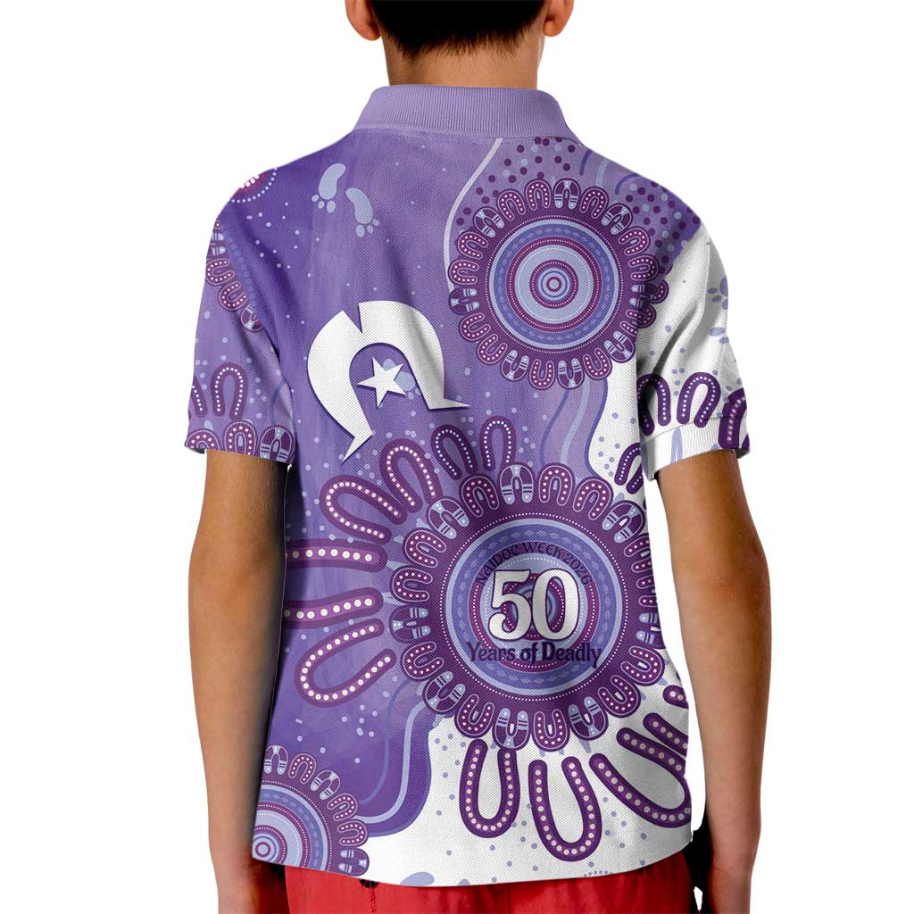 NAIDOC Week 2026 Kid Polo Shirt 50 Years Deadly Dhari Purple Aboriginal Art