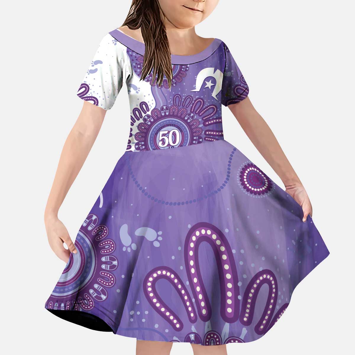 NAIDOC Week 2026 Kid Short Sleeve Dress 50 Years Deadly Dhari Purple Aboriginal Art