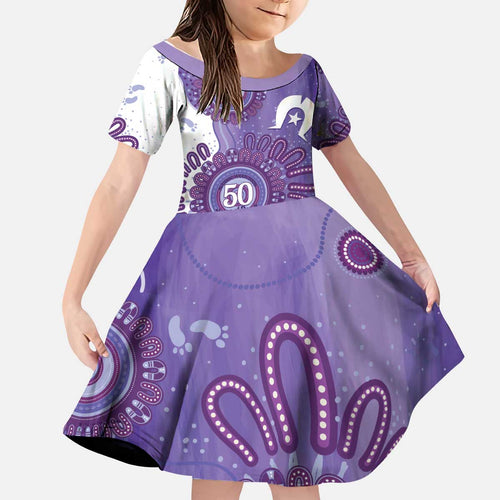 NAIDOC Week 2026 Kid Short Sleeve Dress 50 Years Deadly Dhari Purple Aboriginal Art