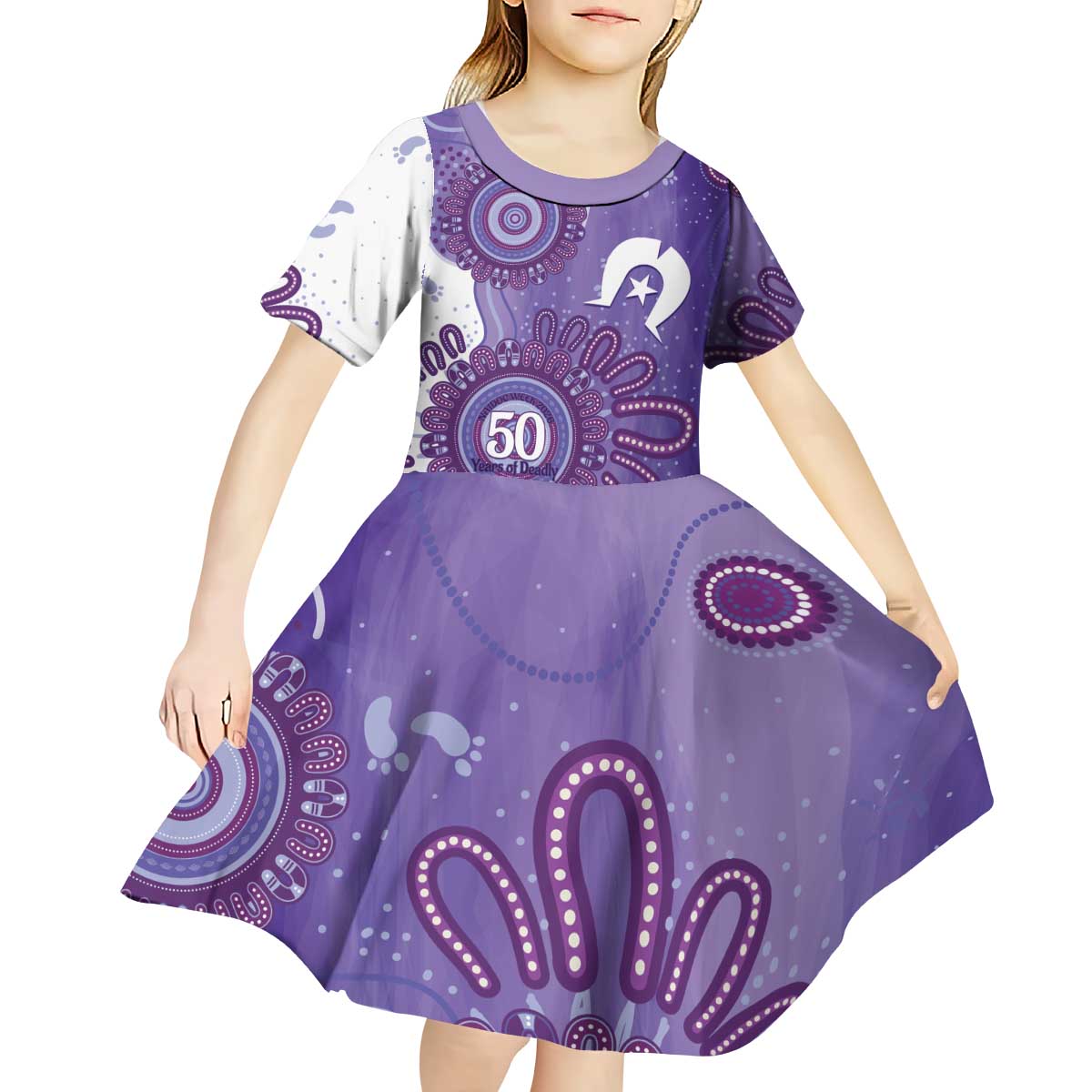 NAIDOC Week 2026 Kid Short Sleeve Dress 50 Years Deadly Dhari Purple Aboriginal Art
