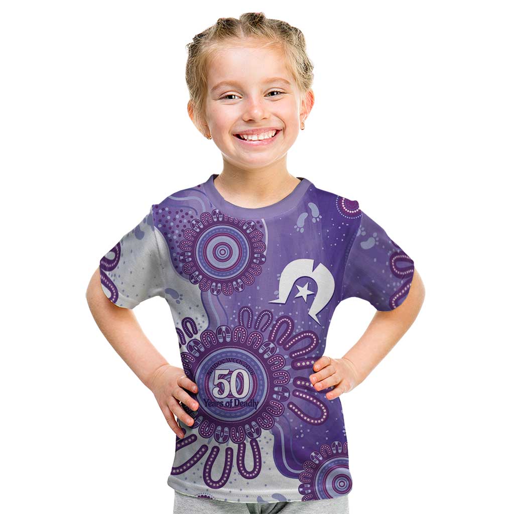 NAIDOC Week 2026 Kid T Shirt 50 Years Deadly Dhari Purple Aboriginal Art