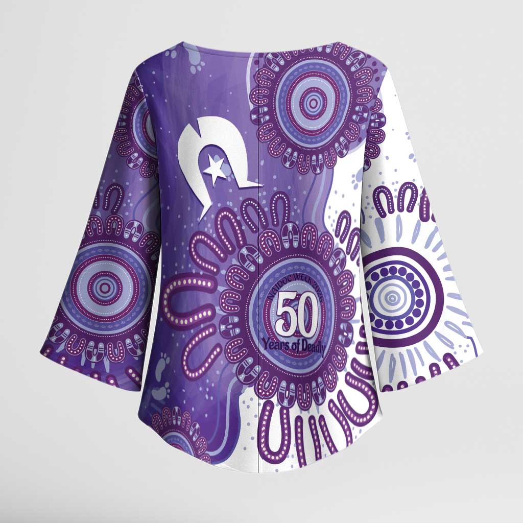 NAIDOC Week 2026 Kimono Sleeve Blouse 50 Years Deadly Dhari Purple Aboriginal Art