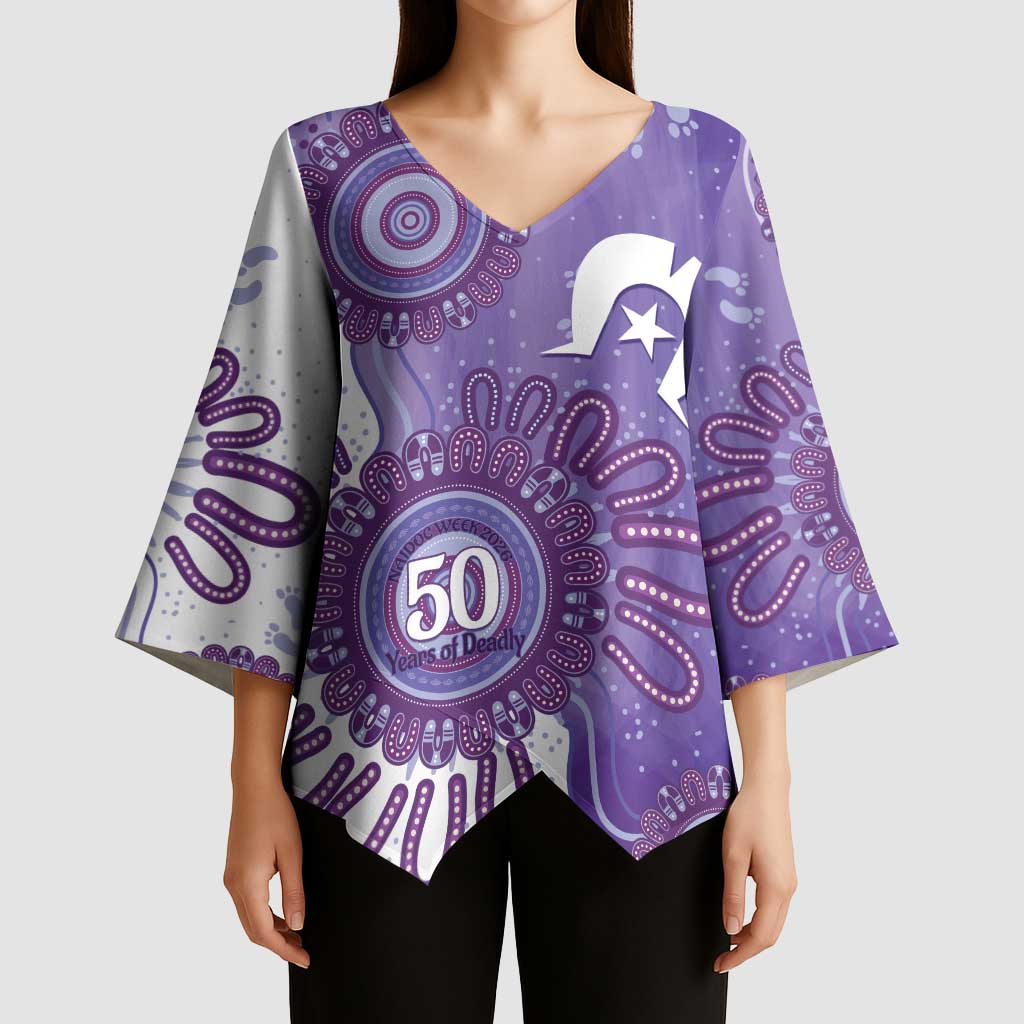 NAIDOC Week 2026 Kimono Sleeve Blouse 50 Years Deadly Dhari Purple Aboriginal Art