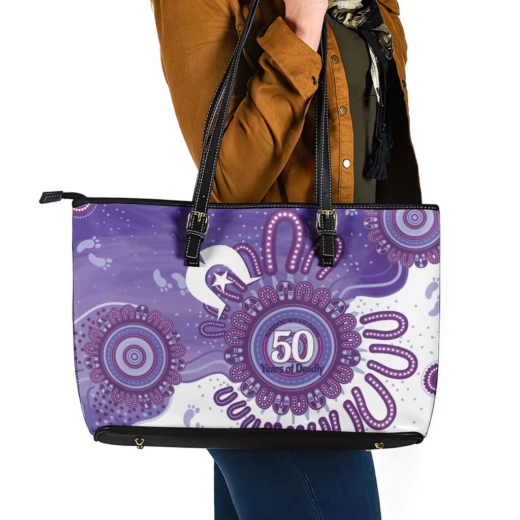 NAIDOC Week 2026 Leather Tote Bag 50 Years Deadly Dhari Purple Aboriginal Art