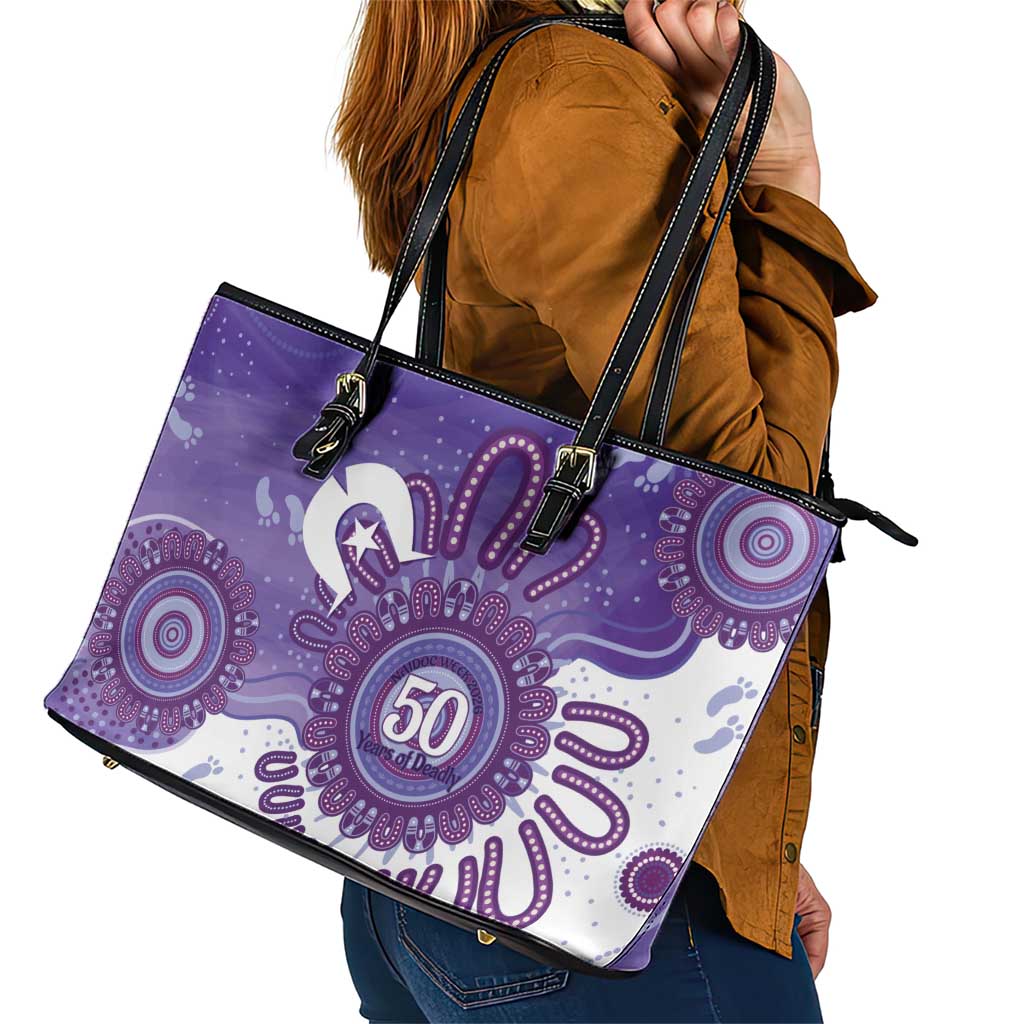 NAIDOC Week 2026 Leather Tote Bag 50 Years Deadly Dhari Purple Aboriginal Art