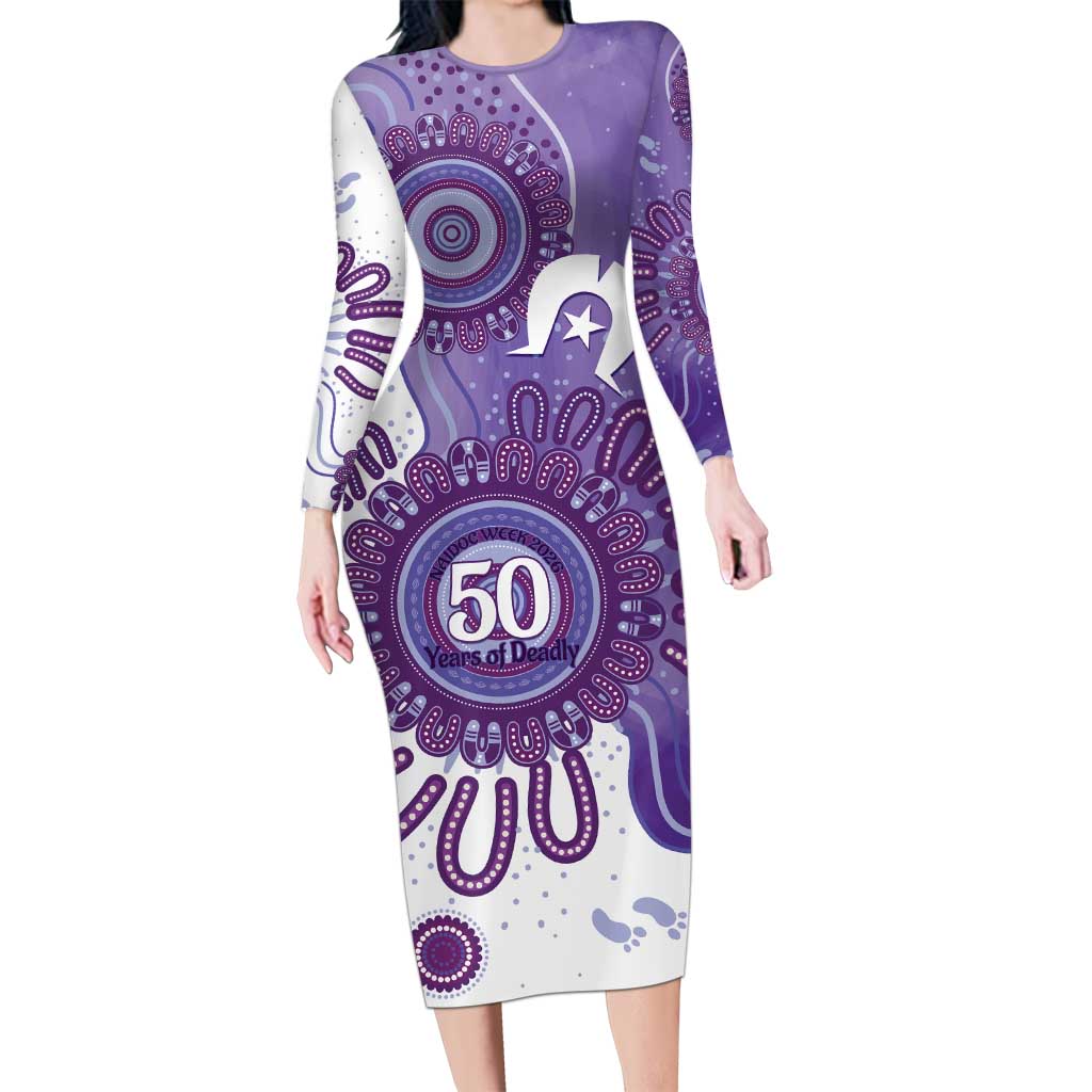 NAIDOC Week 2026 Long Sleeve Bodycon Dress 50 Years Deadly Dhari Purple Aboriginal Art