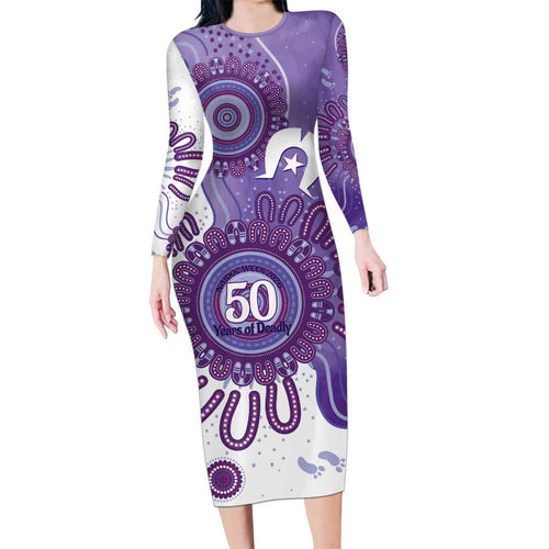 NAIDOC Week 2026 Long Sleeve Bodycon Dress 50 Years Deadly Dhari Purple Aboriginal Art