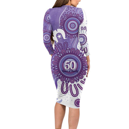 NAIDOC Week 2026 Long Sleeve Bodycon Dress 50 Years Deadly Dhari Purple Aboriginal Art