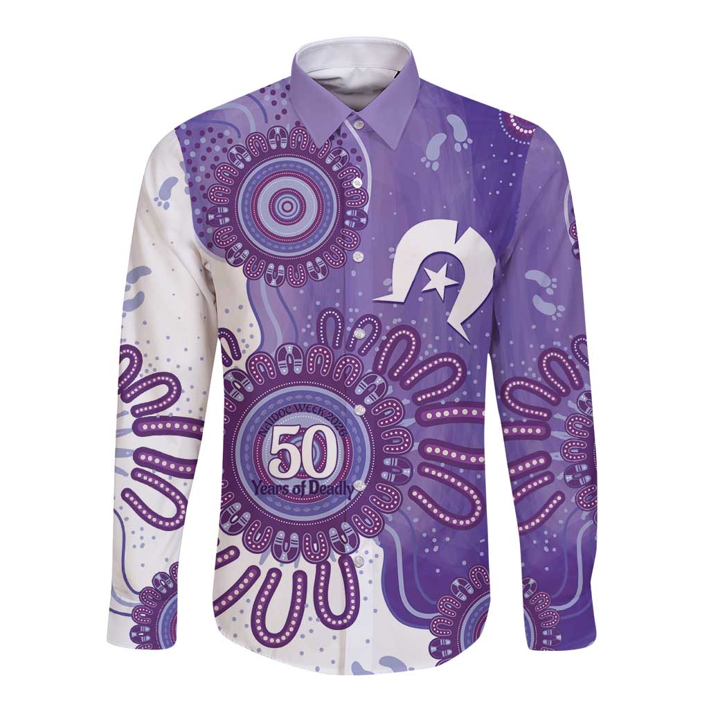NAIDOC Week 2026 Long Sleeve Button Shirt 50 Years Deadly Dhari Purple Aboriginal Art