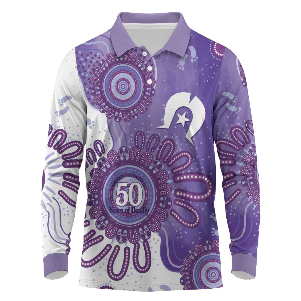 NAIDOC Week 2026 Long Sleeve Polo Shirt 50 Years Deadly Dhari Purple Aboriginal Art