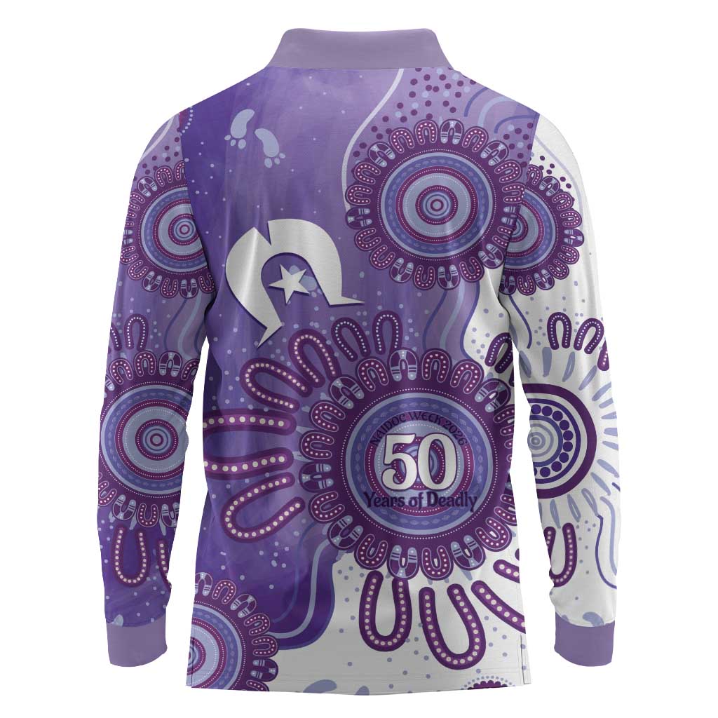 NAIDOC Week 2026 Long Sleeve Polo Shirt 50 Years Deadly Dhari Purple Aboriginal Art