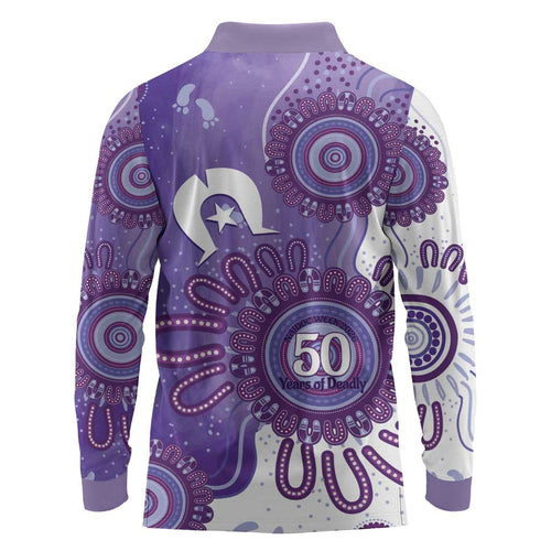 NAIDOC Week 2026 Long Sleeve Polo Shirt 50 Years Deadly Dhari Purple Aboriginal Art