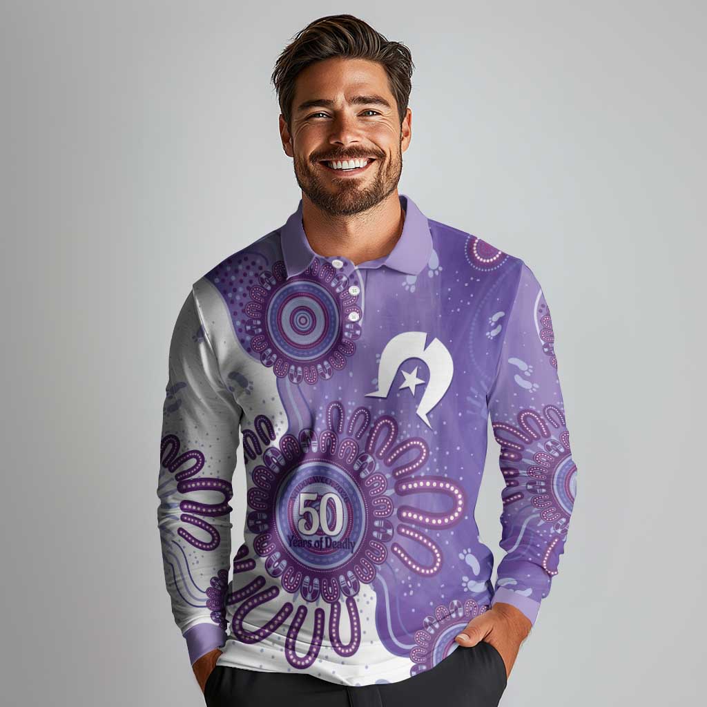 NAIDOC Week 2026 Long Sleeve Polo Shirt 50 Years Deadly Dhari Purple Aboriginal Art