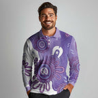 NAIDOC Week 2026 Long Sleeve Polo Shirt 50 Years Deadly Dhari Purple Aboriginal Art