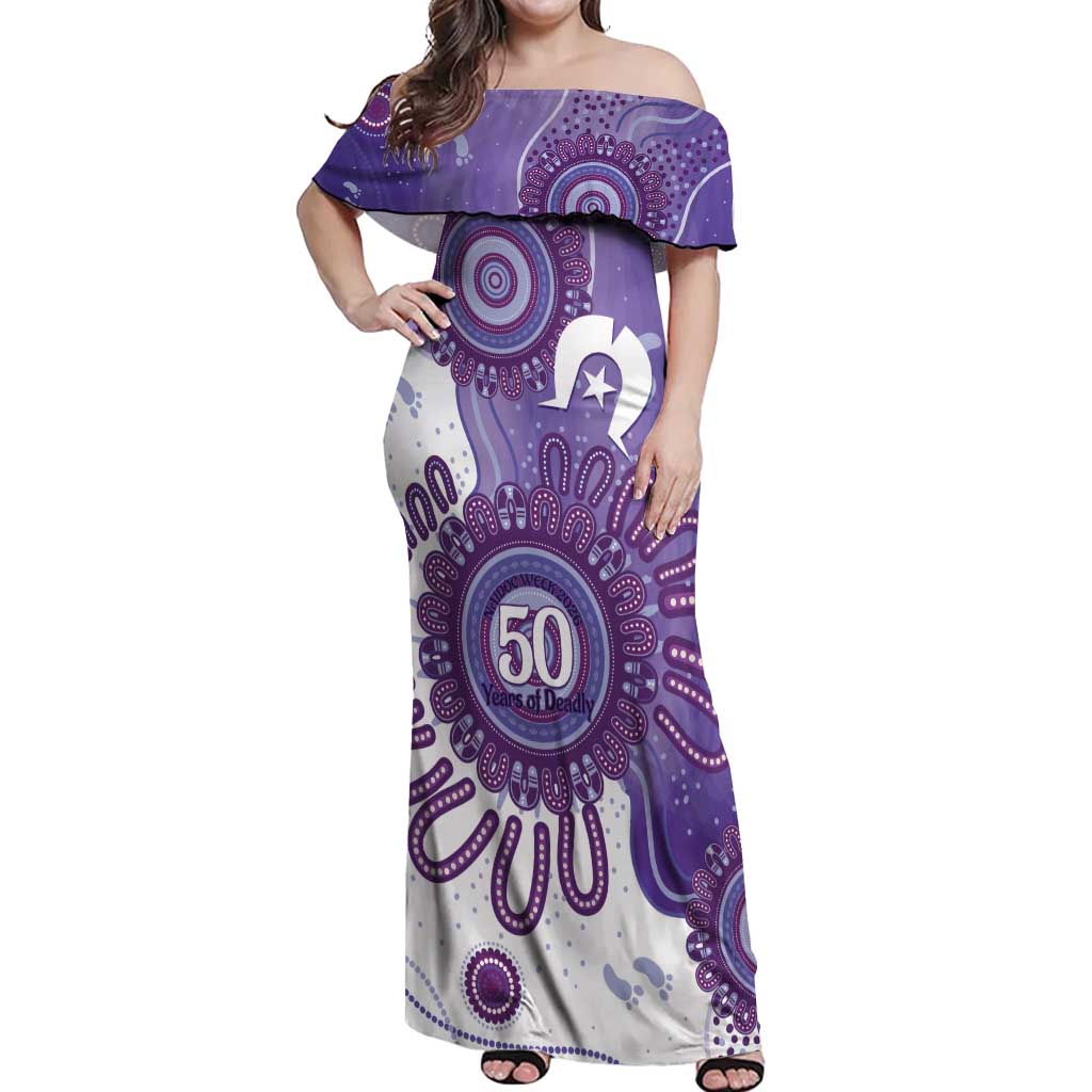 NAIDOC Week 2026 Off Shoulder Maxi Dress 50 Years Deadly Dhari Purple Aboriginal Art