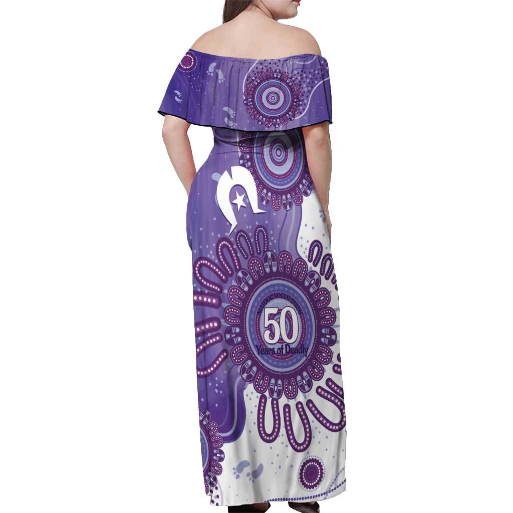 NAIDOC Week 2026 Off Shoulder Maxi Dress 50 Years Deadly Dhari Purple Aboriginal Art