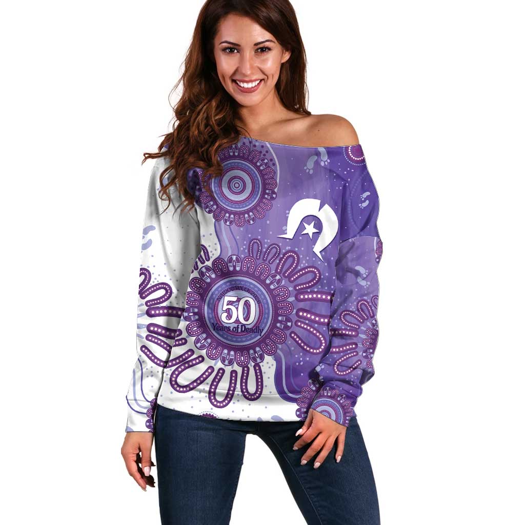 NAIDOC Week 2026 Off Shoulder Sweater 50 Years Deadly Dhari Purple Aboriginal Art