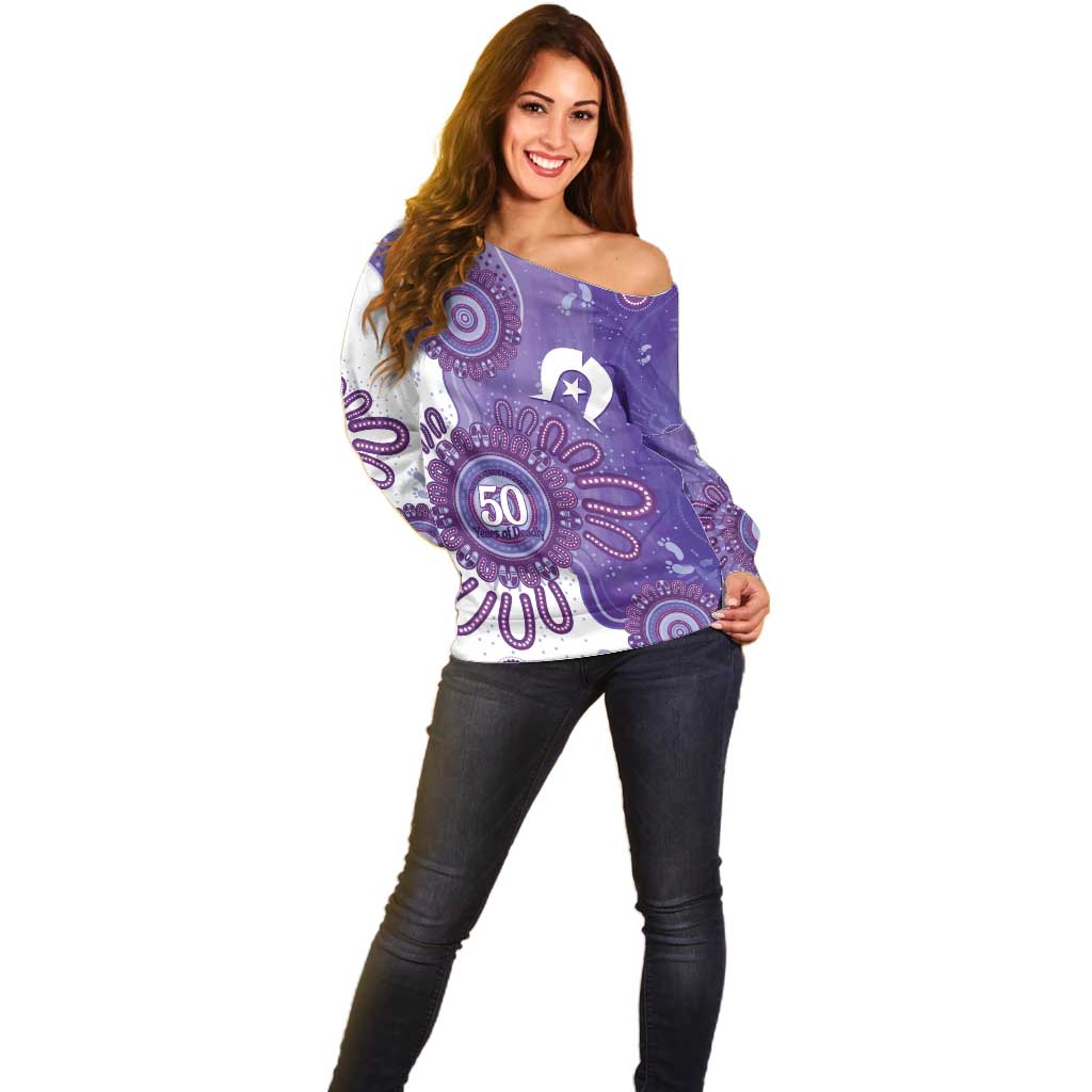 NAIDOC Week 2026 Off Shoulder Sweater 50 Years Deadly Dhari Purple Aboriginal Art