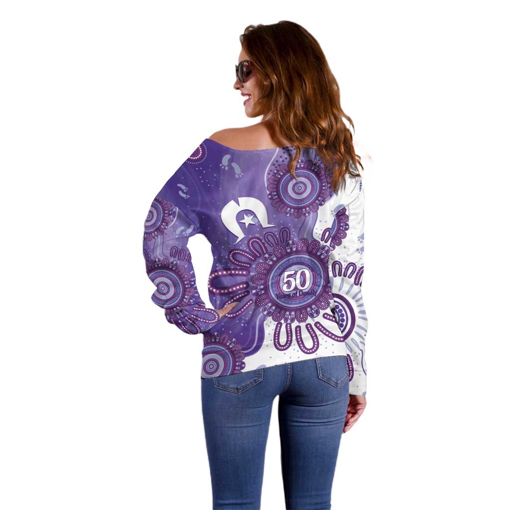 NAIDOC Week 2026 Off Shoulder Sweater 50 Years Deadly Dhari Purple Aboriginal Art