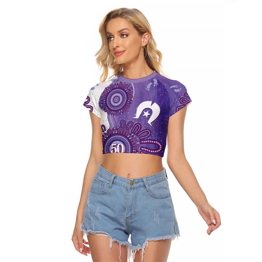 NAIDOC Week 2026 Raglan Cropped T Shirt 50 Years Deadly Dhari Purple Aboriginal Art