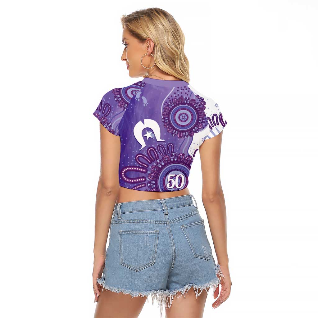 NAIDOC Week 2026 Raglan Cropped T Shirt 50 Years Deadly Dhari Purple Aboriginal Art