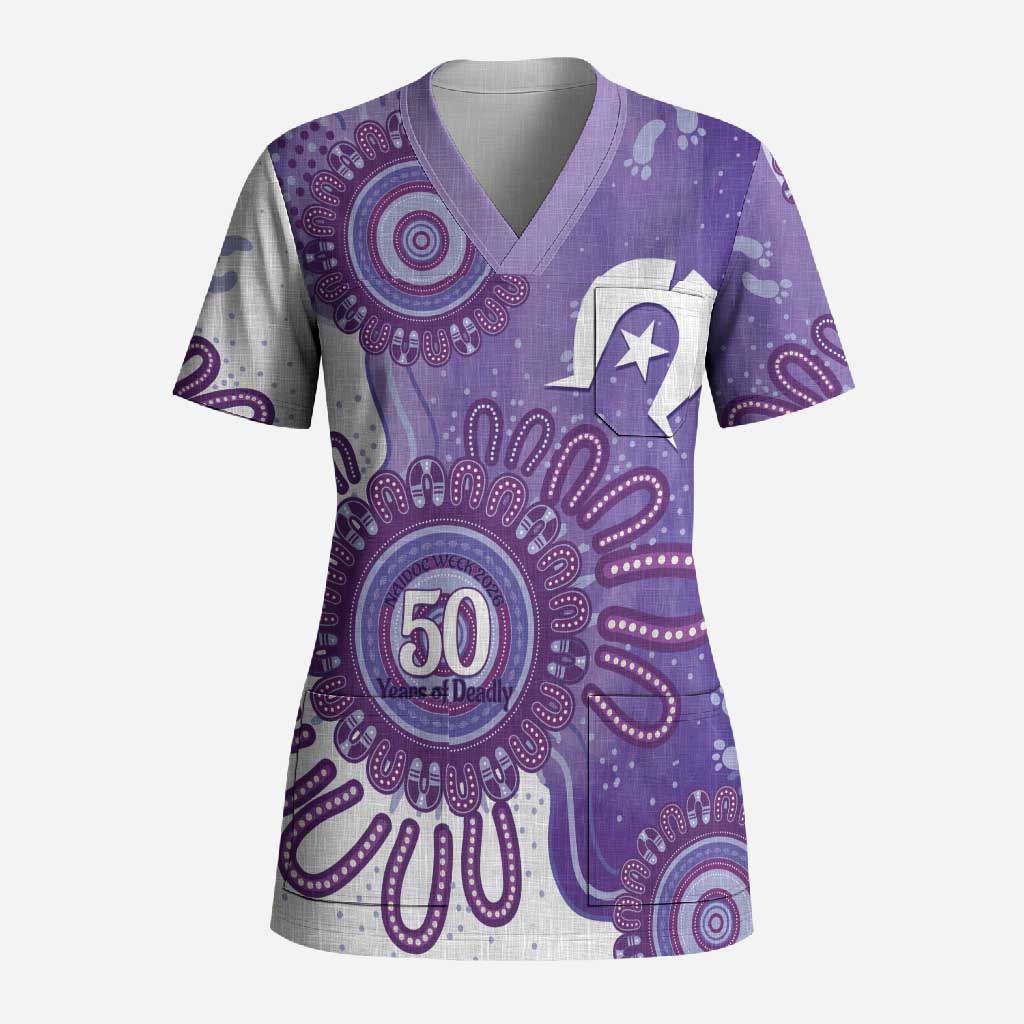 NAIDOC Week 2026 Scrub Top 50 Years Deadly Dhari Purple Aboriginal Art