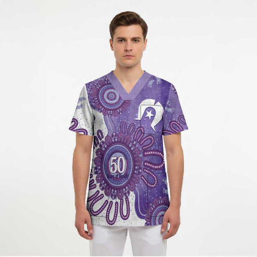 NAIDOC Week 2026 Scrub Top 50 Years Deadly Dhari Purple Aboriginal Art