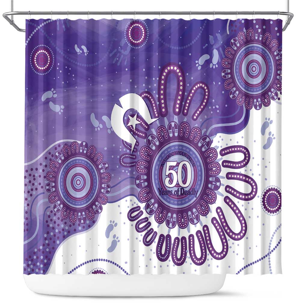 NAIDOC Week 2026 Shower Curtain 50 Years Deadly Dhari Purple Aboriginal Art
