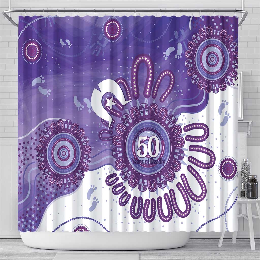NAIDOC Week 2026 Shower Curtain 50 Years Deadly Dhari Purple Aboriginal Art