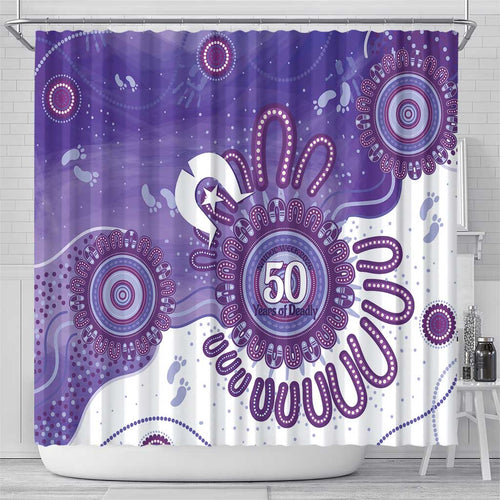 NAIDOC Week 2026 Shower Curtain 50 Years Deadly Dhari Purple Aboriginal Art