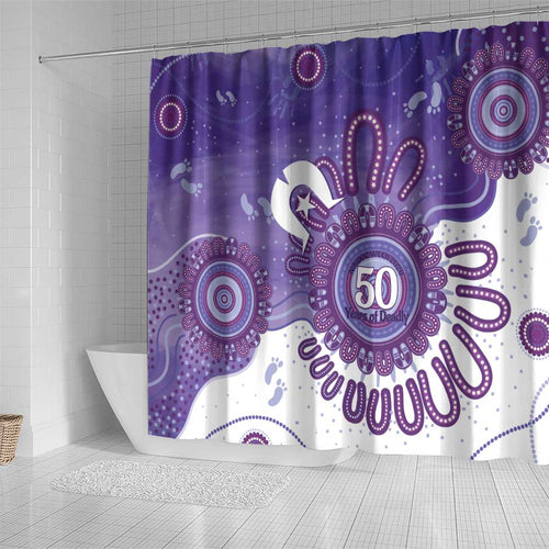 NAIDOC Week 2026 Shower Curtain 50 Years Deadly Dhari Purple Aboriginal Art