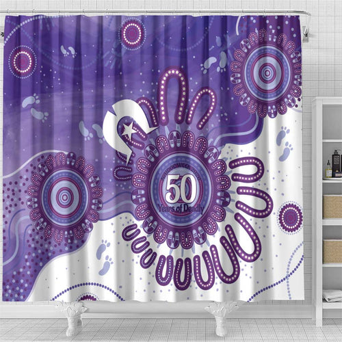 NAIDOC Week 2026 Shower Curtain 50 Years Deadly Dhari Purple Aboriginal Art