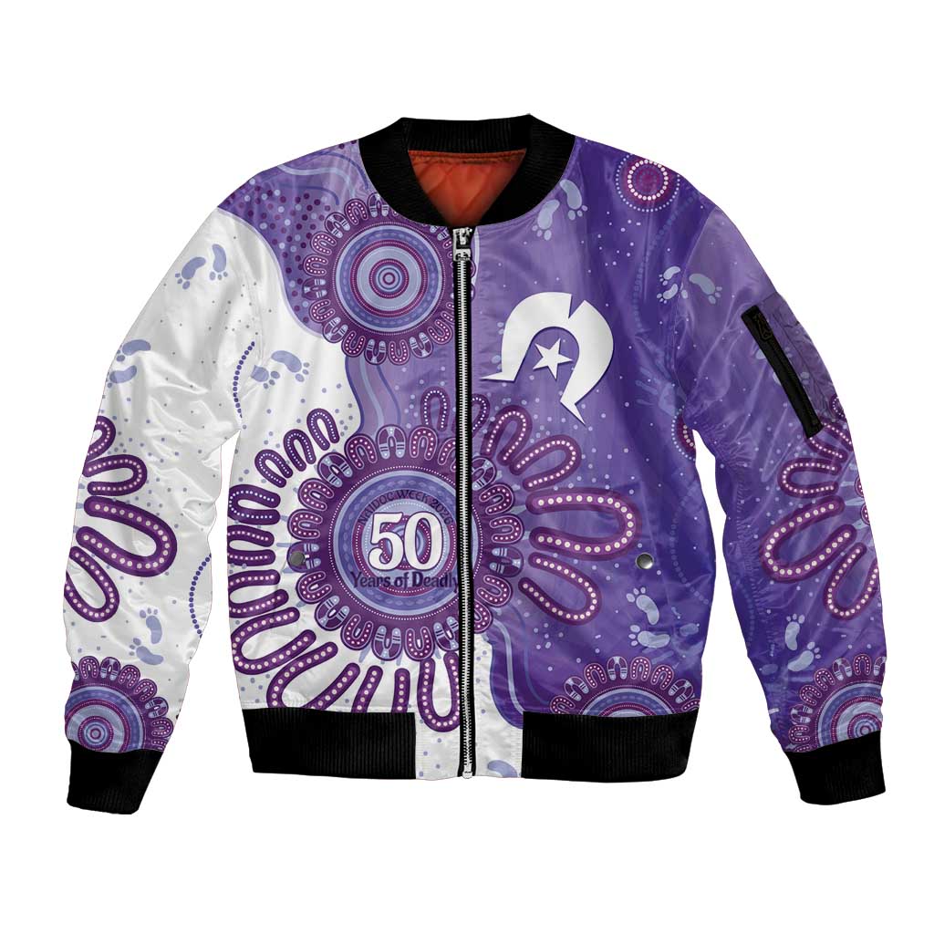 NAIDOC Week 2026 Sleeve Zip Bomber Jacket 50 Years Deadly Dhari Purple Aboriginal Art