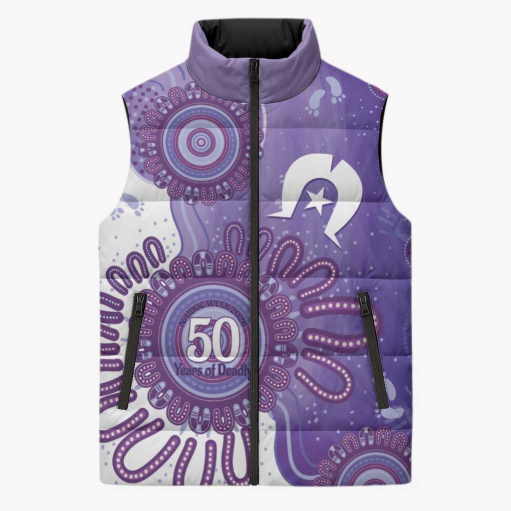NAIDOC Week 2026 Sleeveless Puffer Jacket 50 Years Deadly Dhari Purple Aboriginal Art