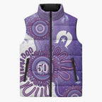 NAIDOC Week 2026 Sleeveless Puffer Jacket 50 Years Deadly Dhari Purple Aboriginal Art