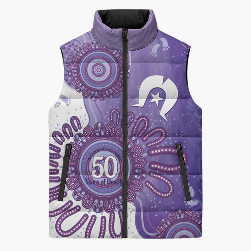 NAIDOC Week 2026 Sleeveless Puffer Jacket 50 Years Deadly Dhari Purple Aboriginal Art